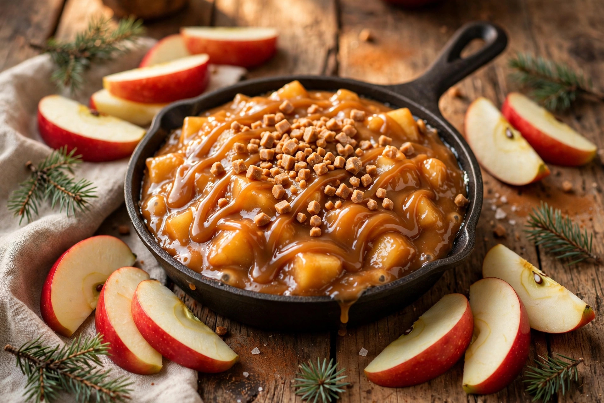 Gooey caramel apple Christmas dessert dip topped with toffee bits served with crisp sliced apples