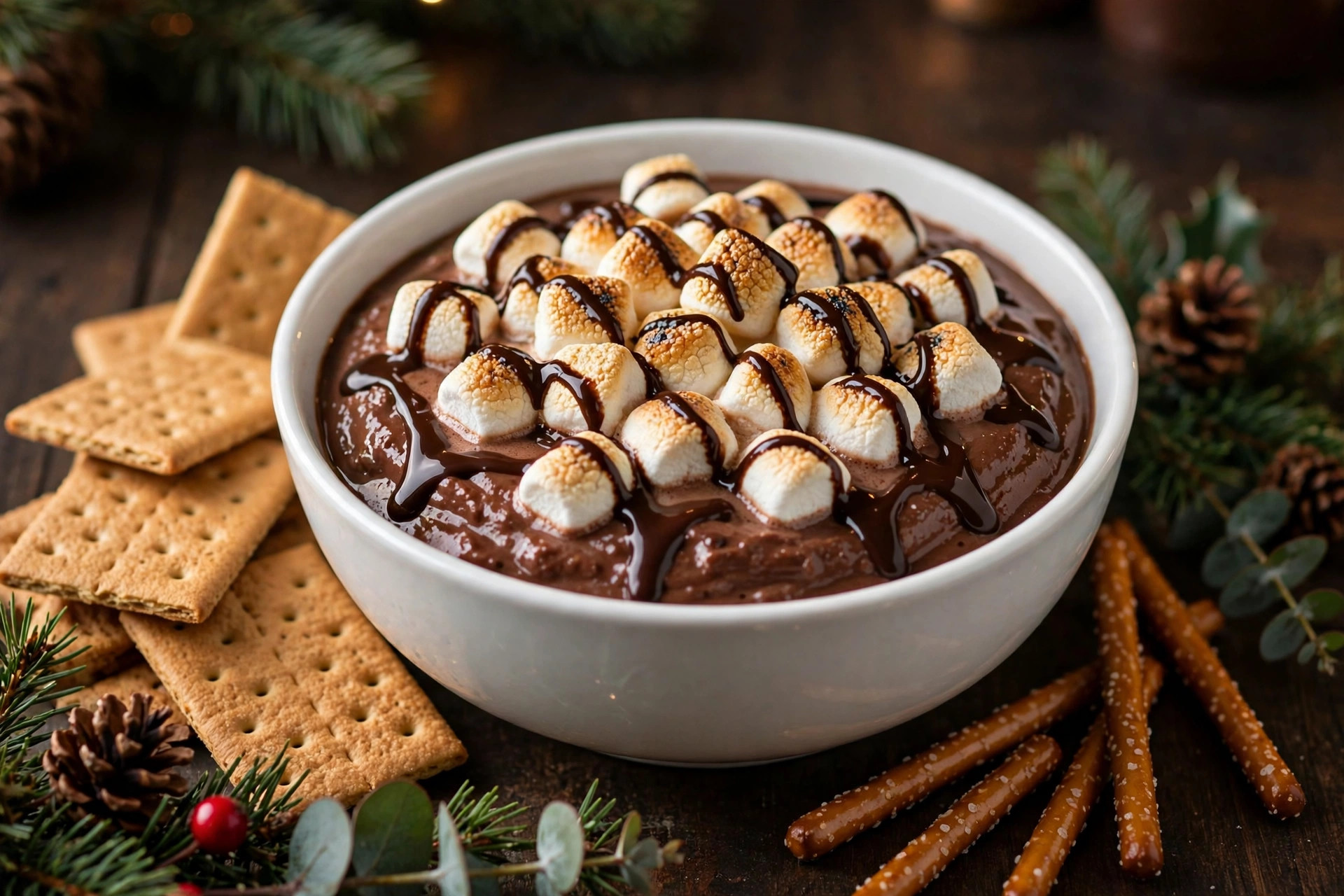 Rich hot cocoa Christmas dessert dip topped with toasted mini marshmallows and chocolate drizzle