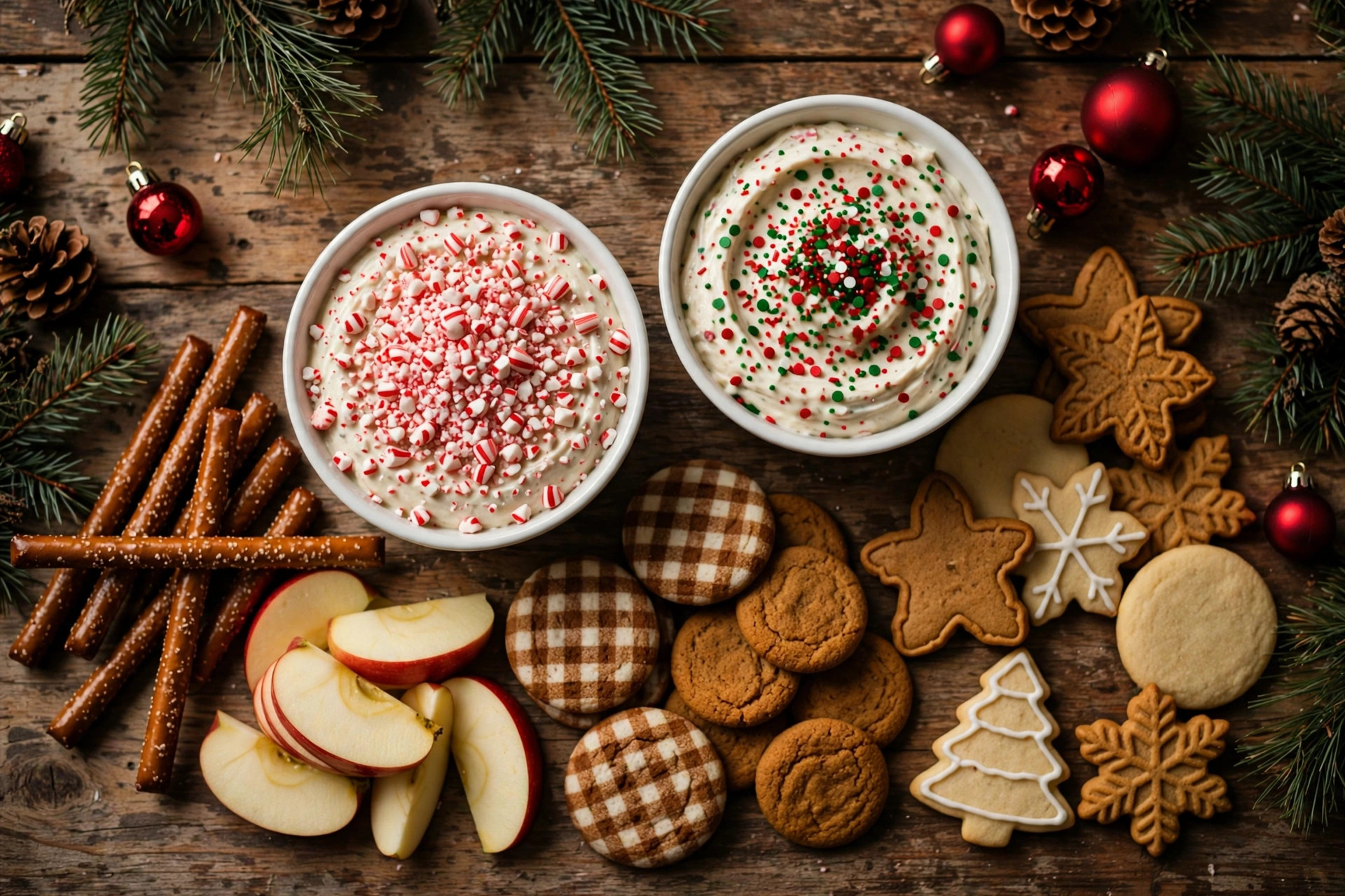 Festive Christmas dessert dip spread with creamy dips, Christmas cookies, pretzels, and fruit on a holiday table