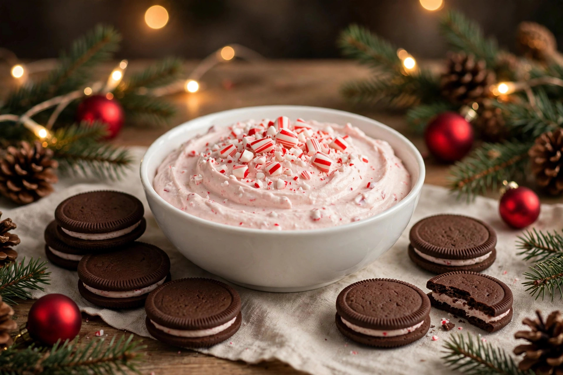Creamy peppermint Christmas dessert dip topped with crushed candy canes served with chocolate sandwich cookies