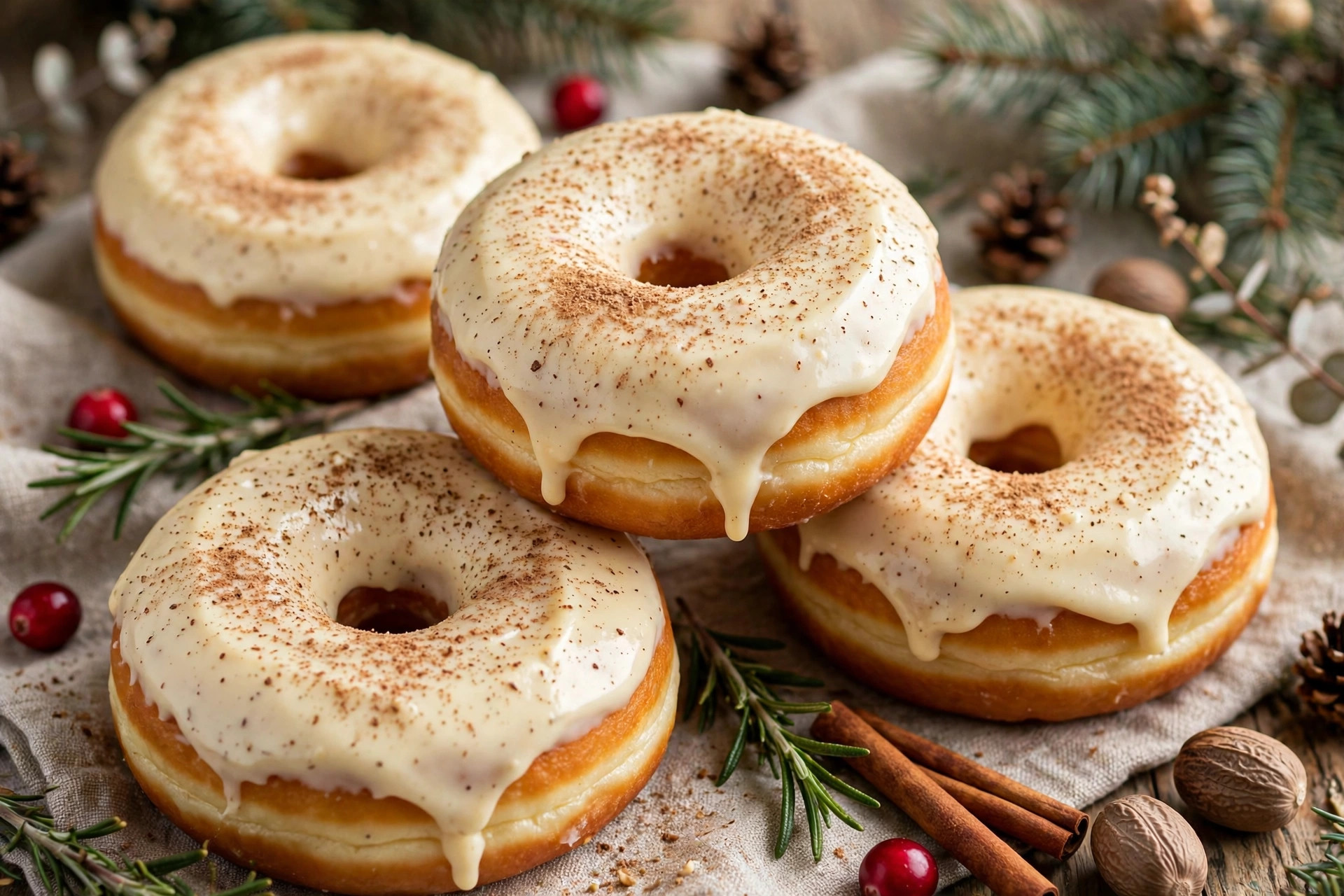 Eggnog frosted Christmas donuts with nutmeg and holiday sprinkles