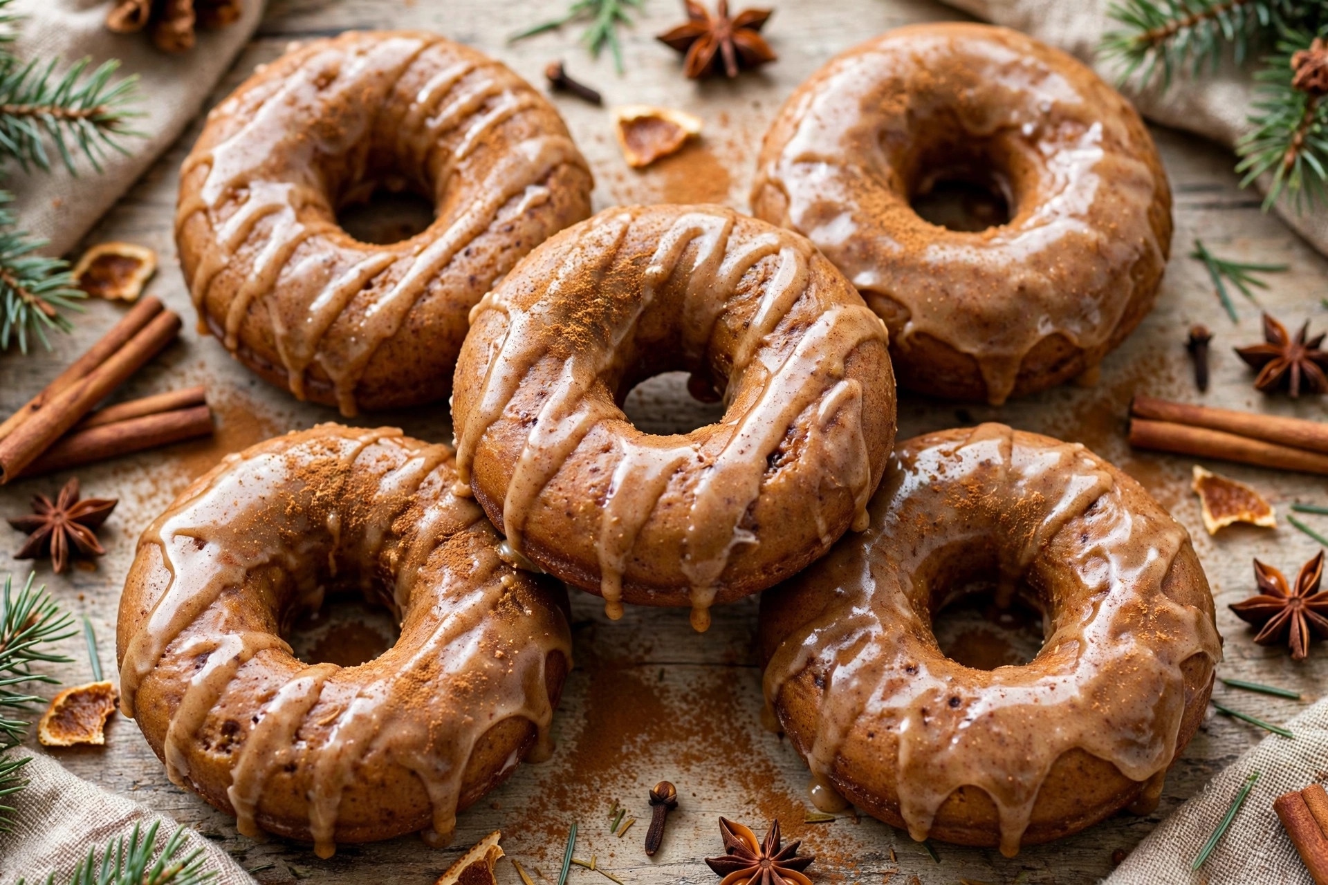 Gingerbread Christmas donuts with spiced glaze and a dusting of cinnamon
