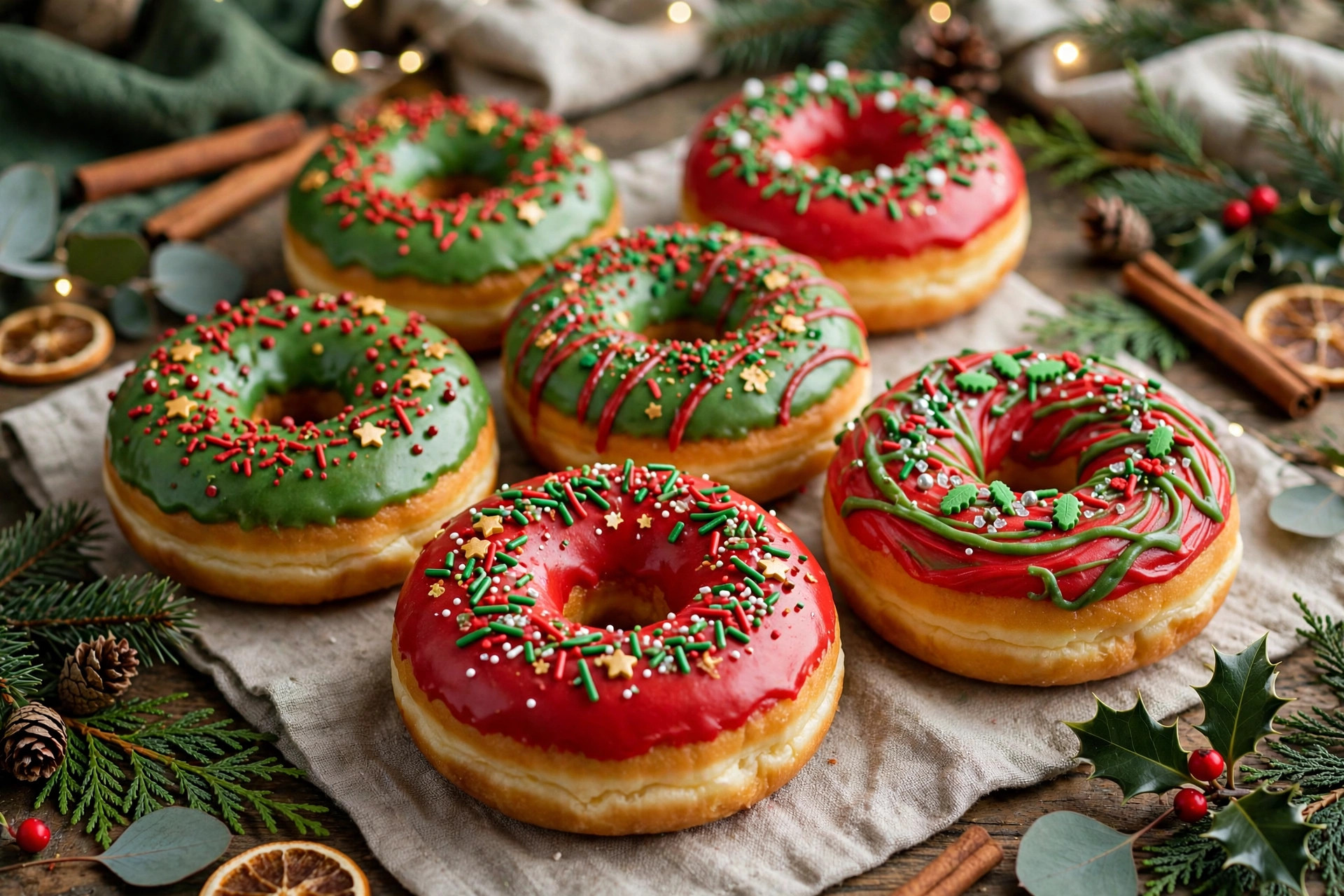 Freshly baked Christmas donuts with red and green icing and holiday sprinkles on a festive table