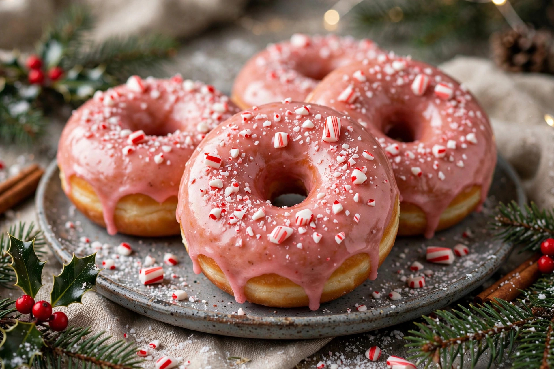 Peppermint glazed Christmas donuts topped with crushed candy canes