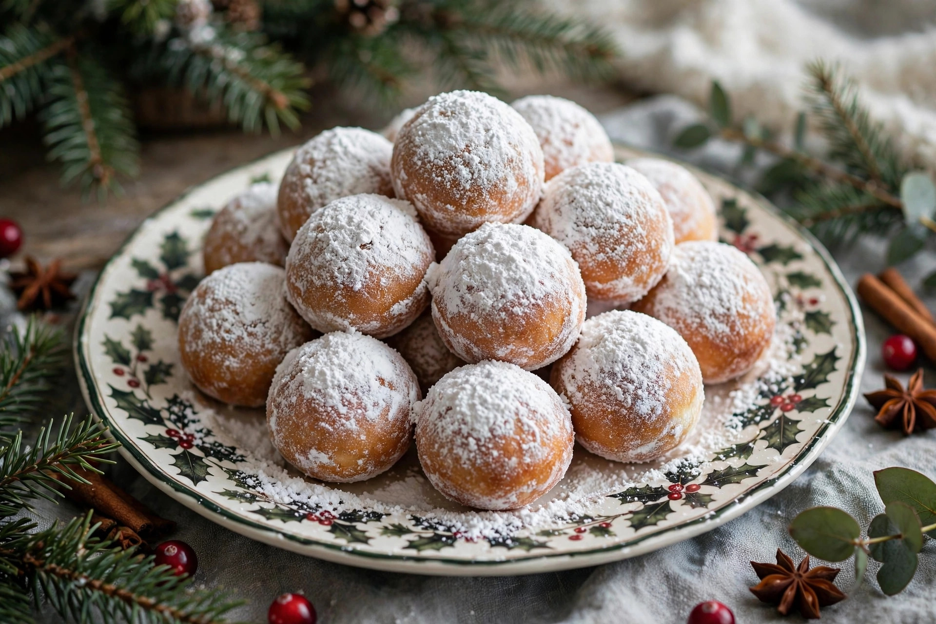 Snowy powdered sugar Christmas donut holes dusted like fresh snow