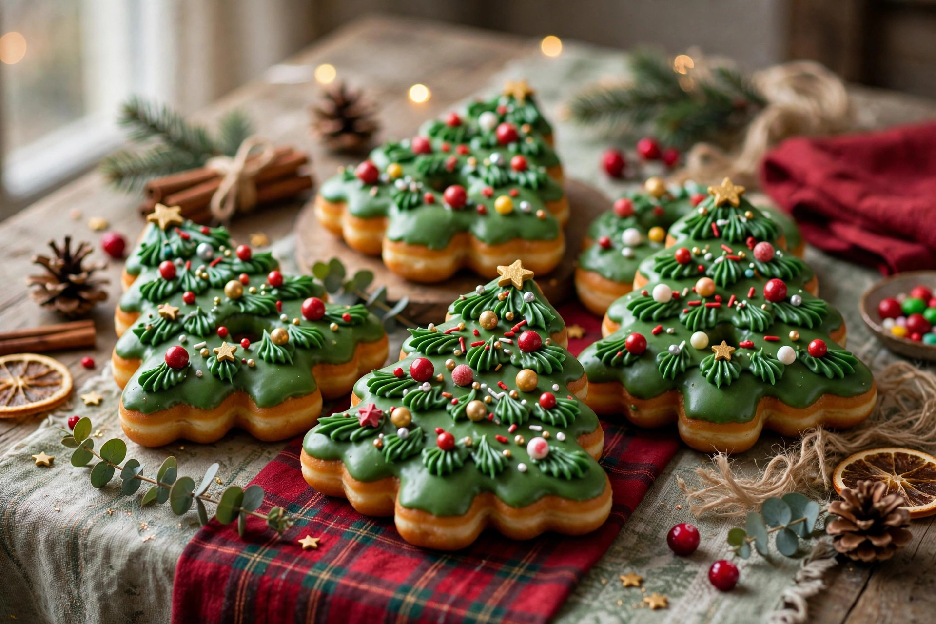 Christmas tree shaped donuts decorated with green icing and candy ornaments