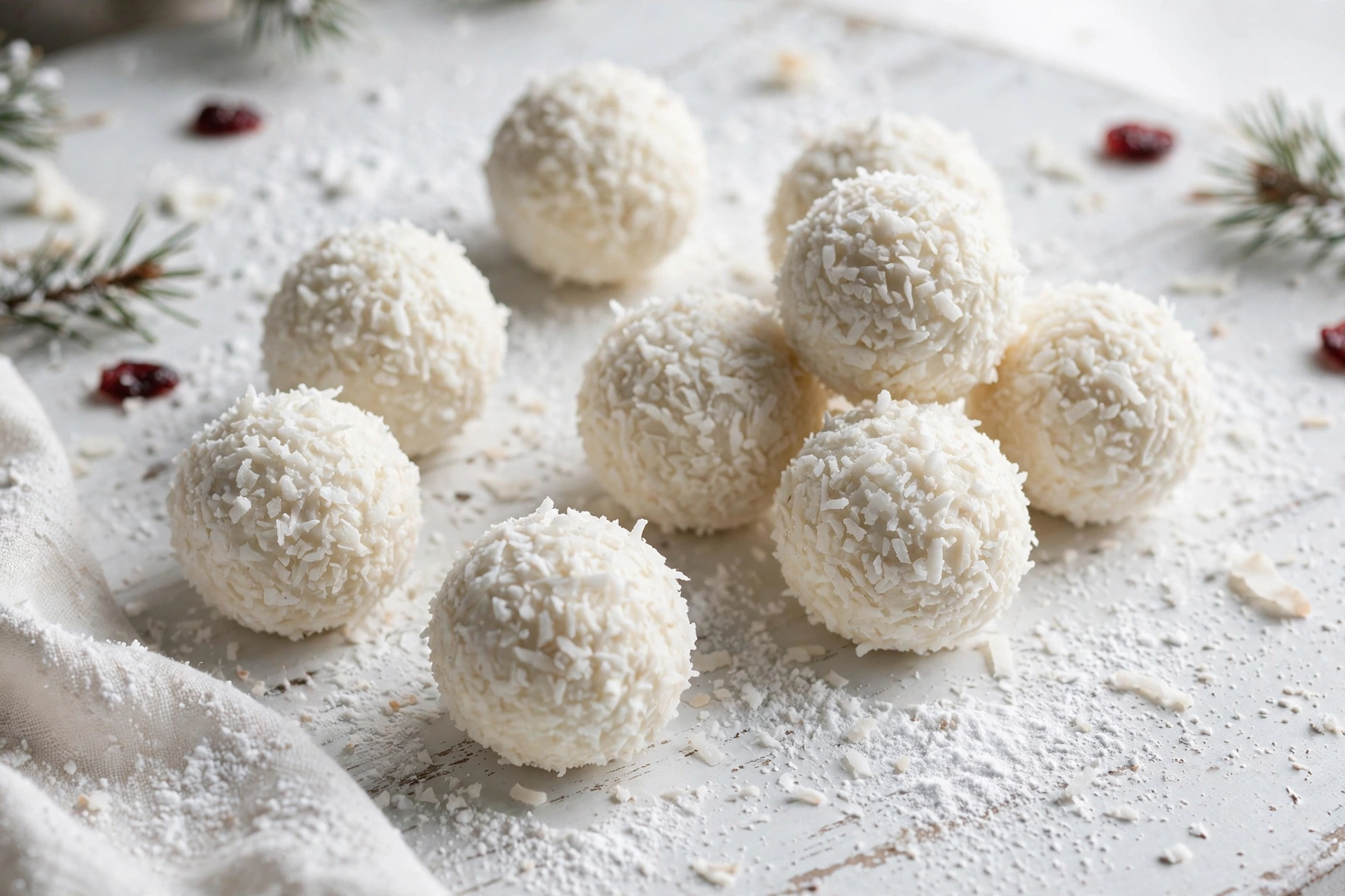 Coconut snowball Christmas truffles coated in shredded coconut arranged for a winter dessert table