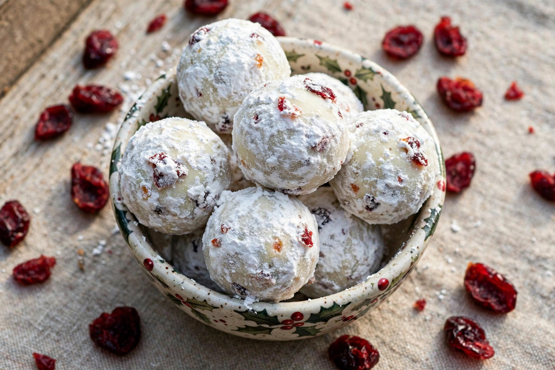 White chocolate cranberry Christmas truffles rolled in powdered sugar in a festive bowl