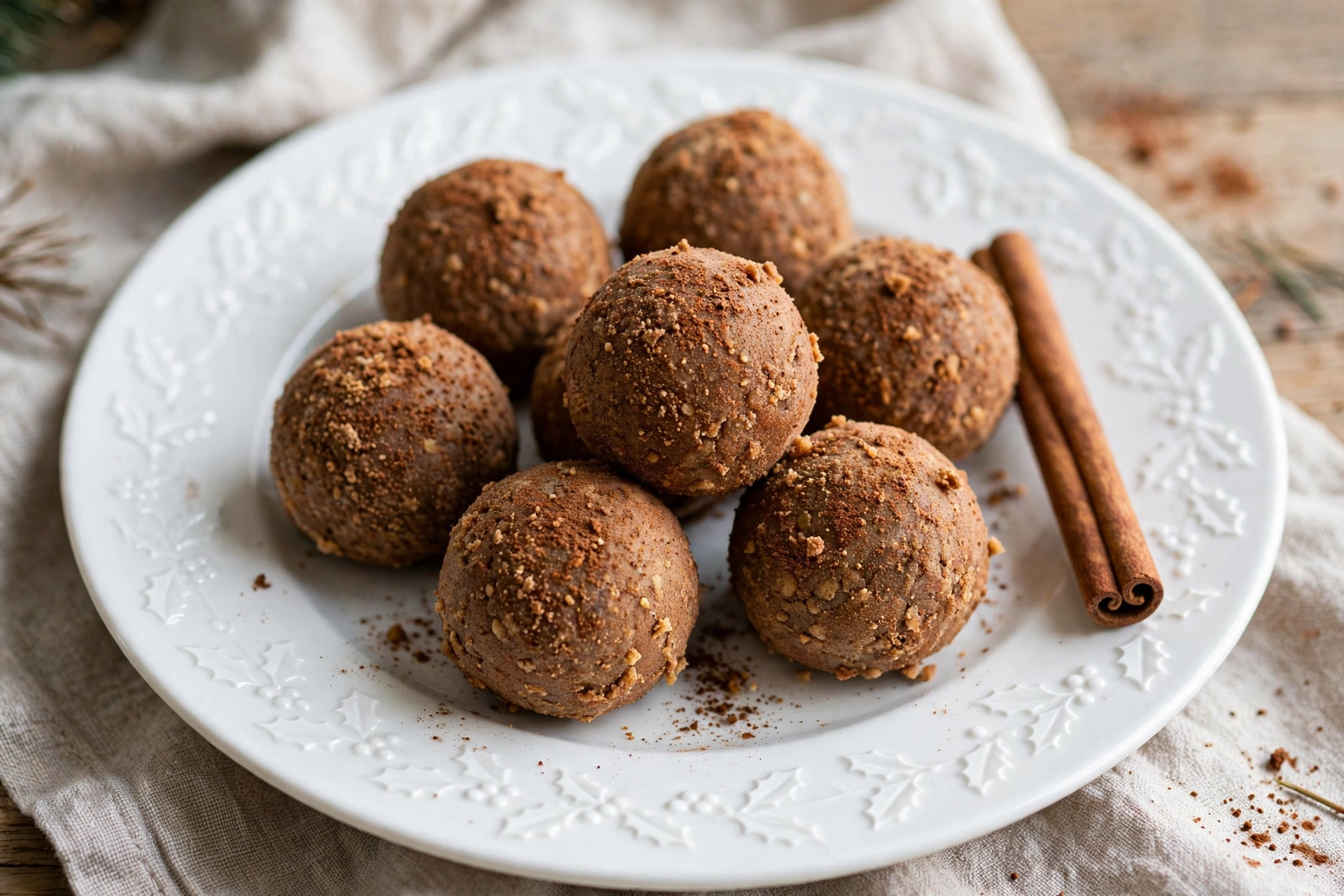 No-bake gingerbread Christmas truffles dusted with cocoa powder and cinnamon on a holiday plate