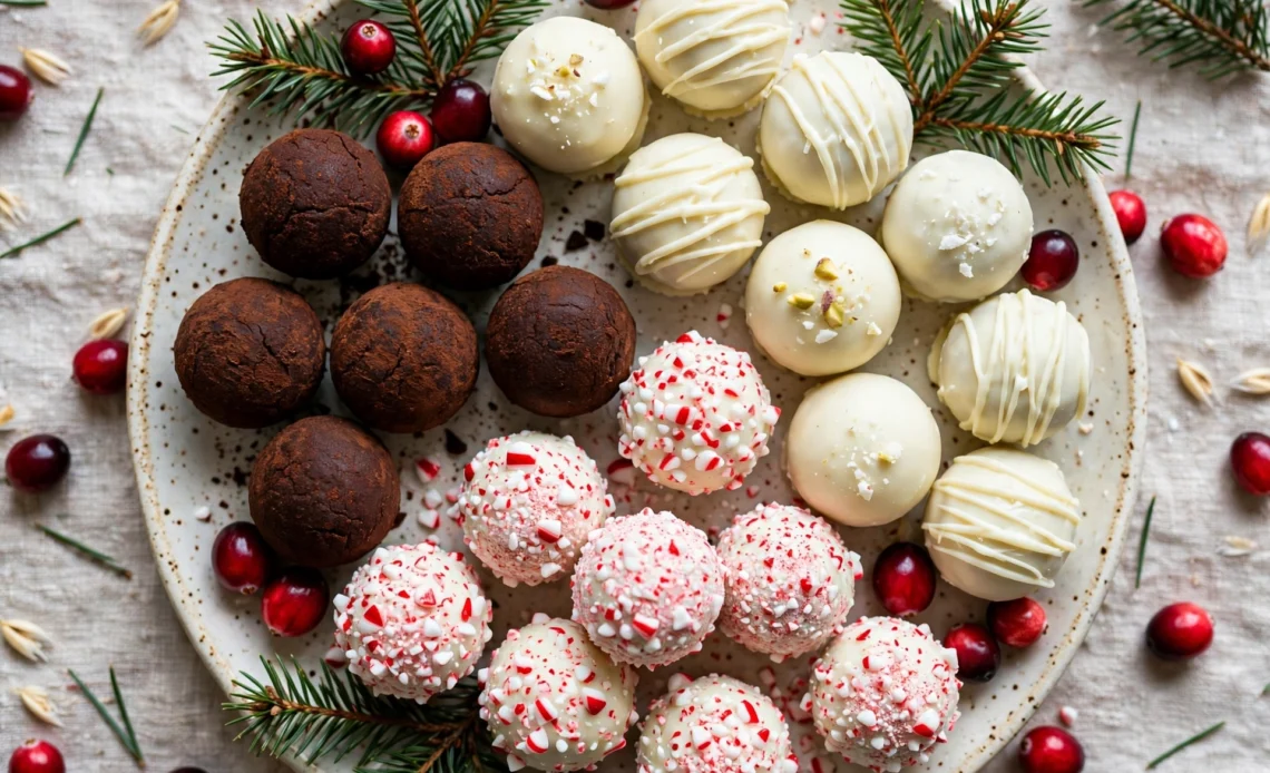 Assorted homemade Christmas truffles in dark chocolate, white chocolate and peppermint coatings arranged on a festive holiday platter