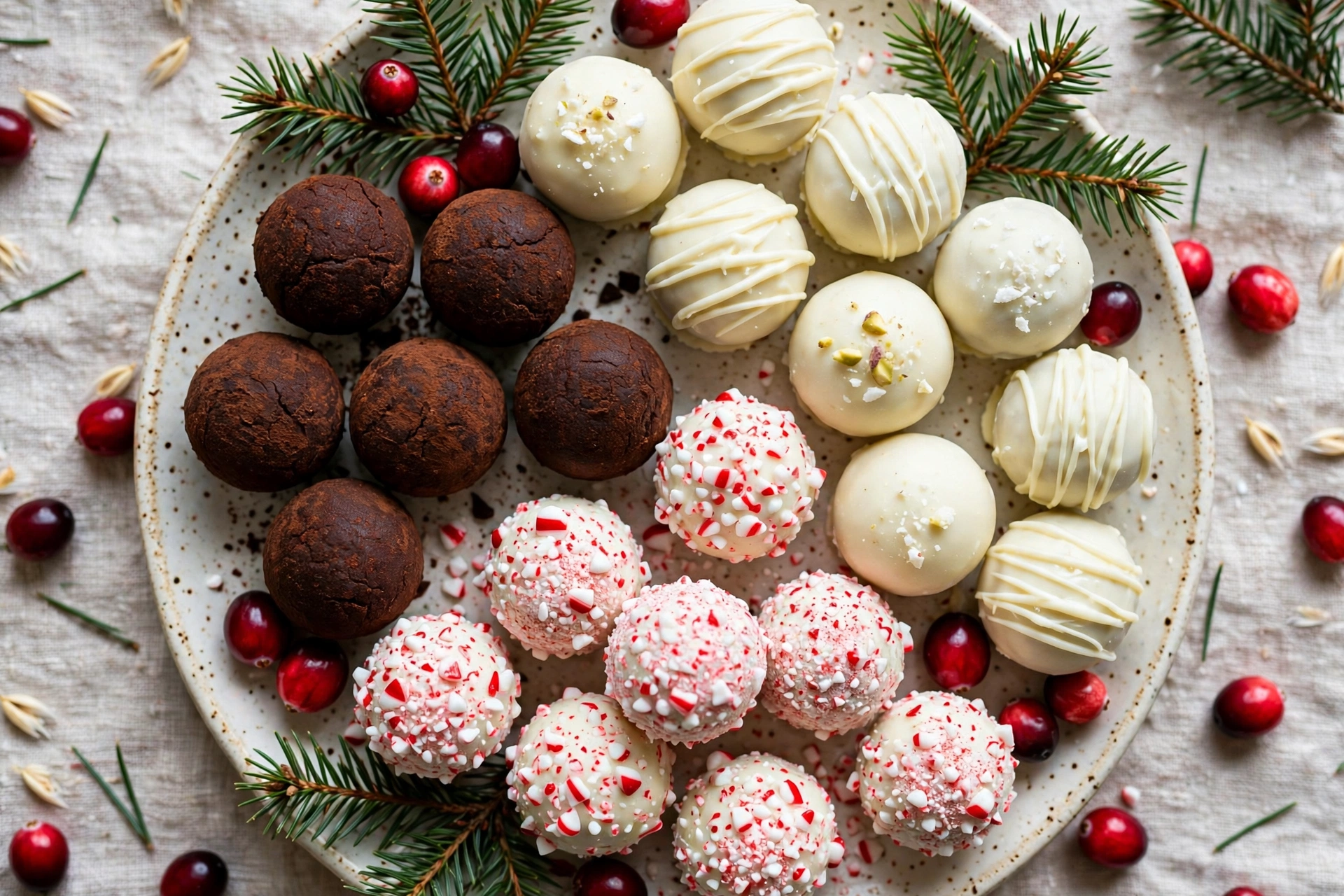 Assorted homemade Christmas truffles in dark chocolate, white chocolate and peppermint coatings arranged on a festive holiday platter