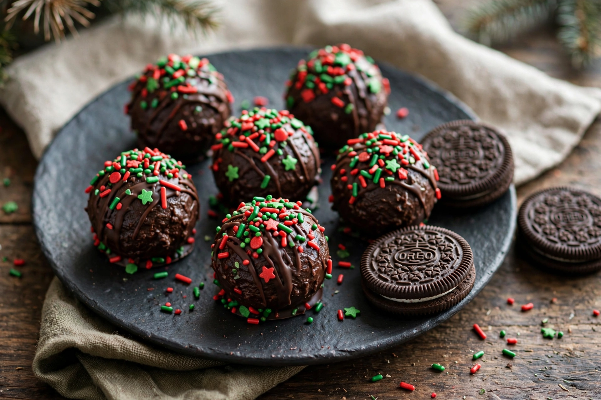 Oreo Christmas truffles dipped in chocolate with red and green holiday sprinkles