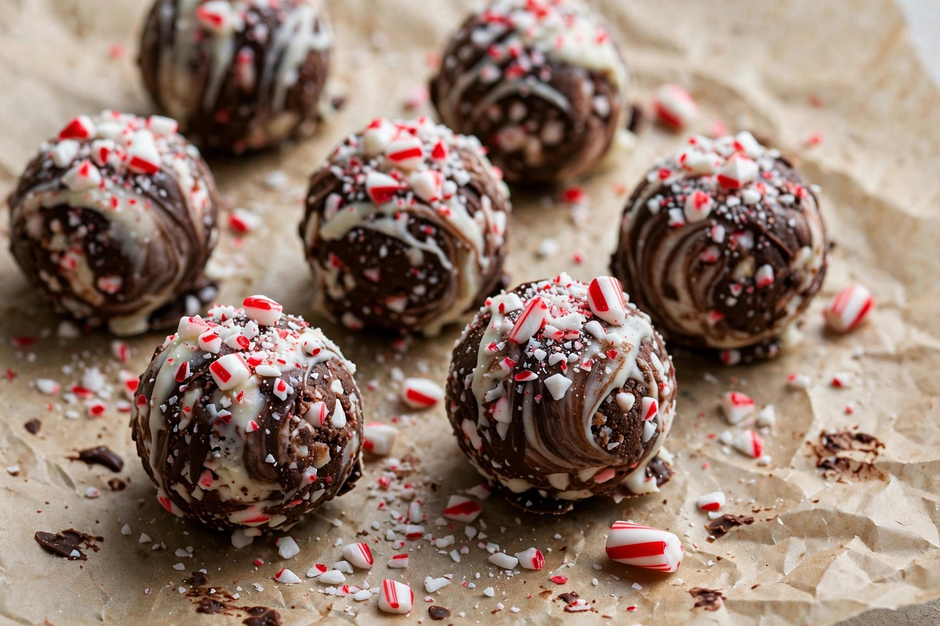 Homemade Christmas peppermint bark truffles topped with crushed candy canes on parchment paper