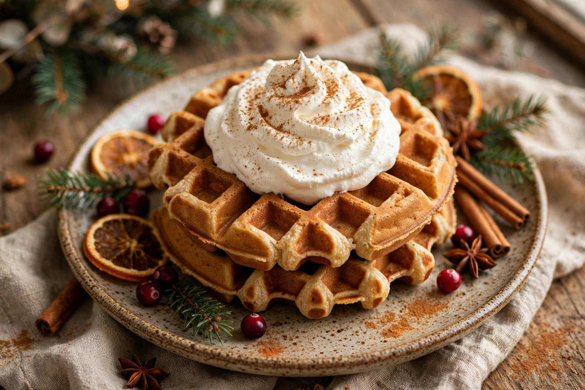 Homemade gingerbread Christmas waffles topped with whipped cream and a dusting of cinnamon