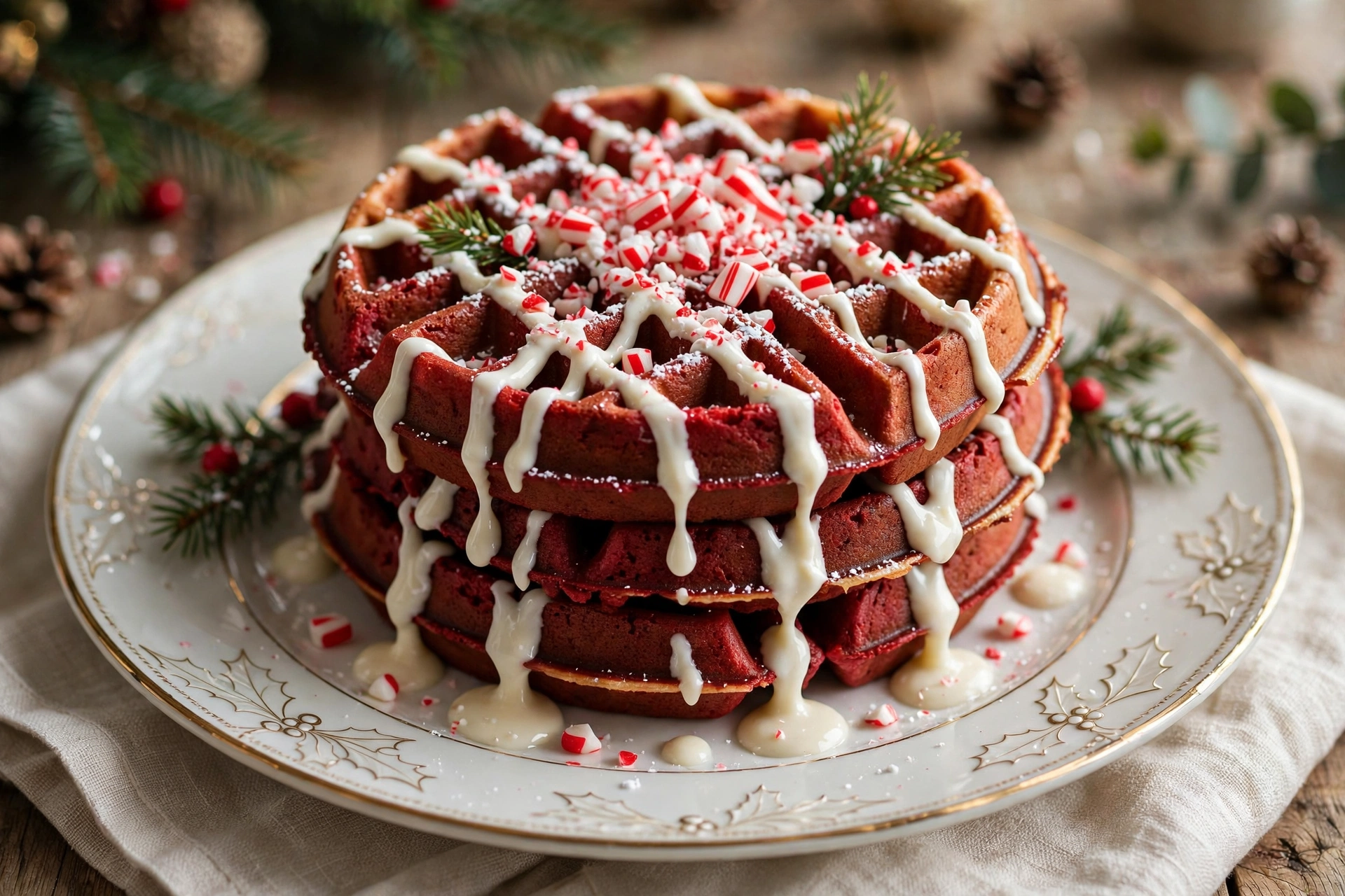 Red velvet Christmas waffles with cream cheese drizzle and crushed candy canes