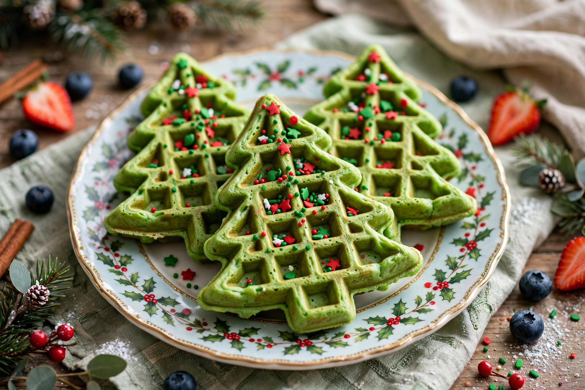 Green Christmas tree waffles decorated with holiday sprinkles for a kids' Christmas breakfast