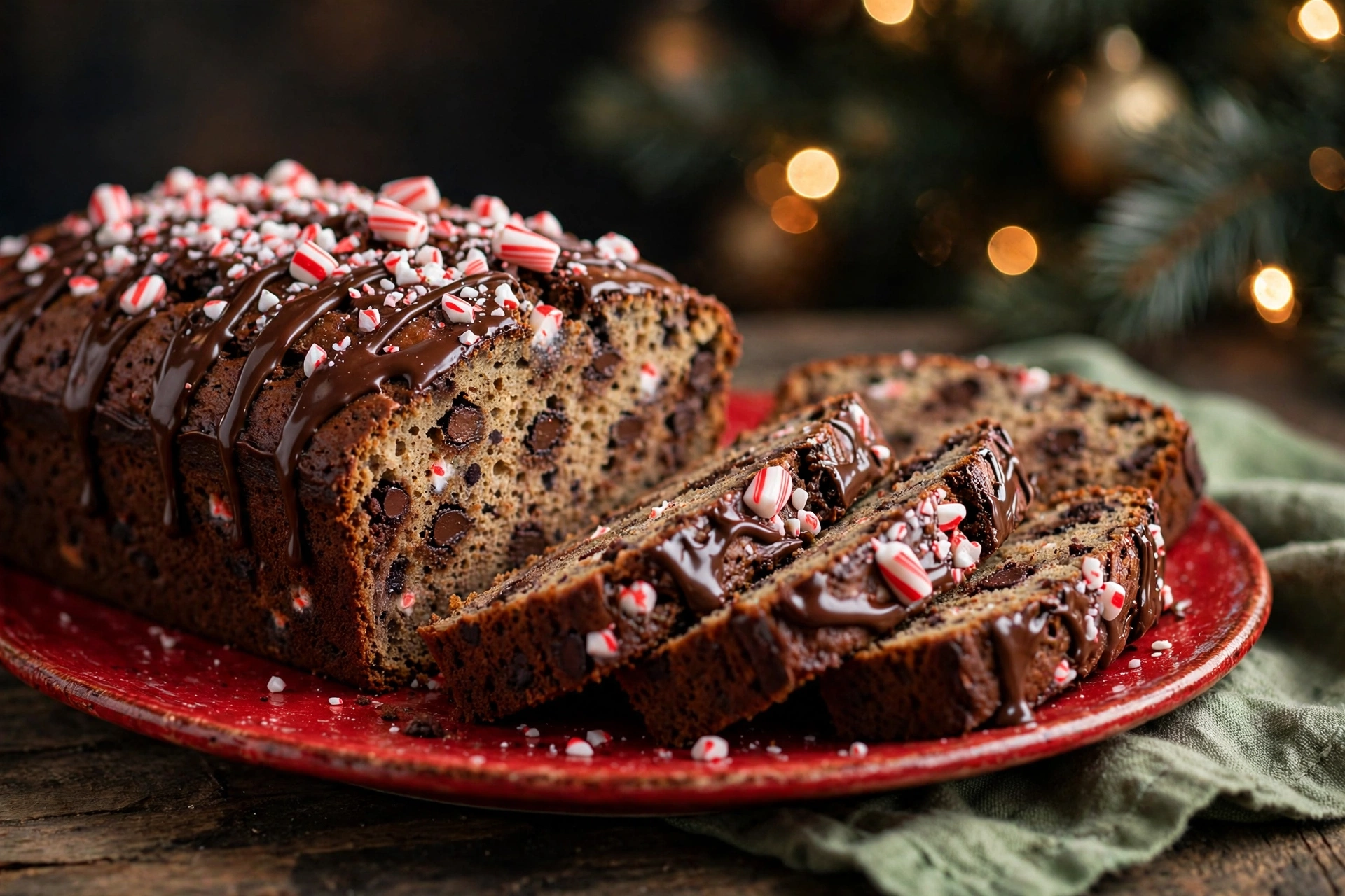 Chocolate peppermint Christmas banana bread with chocolate drizzle and crushed candy canes