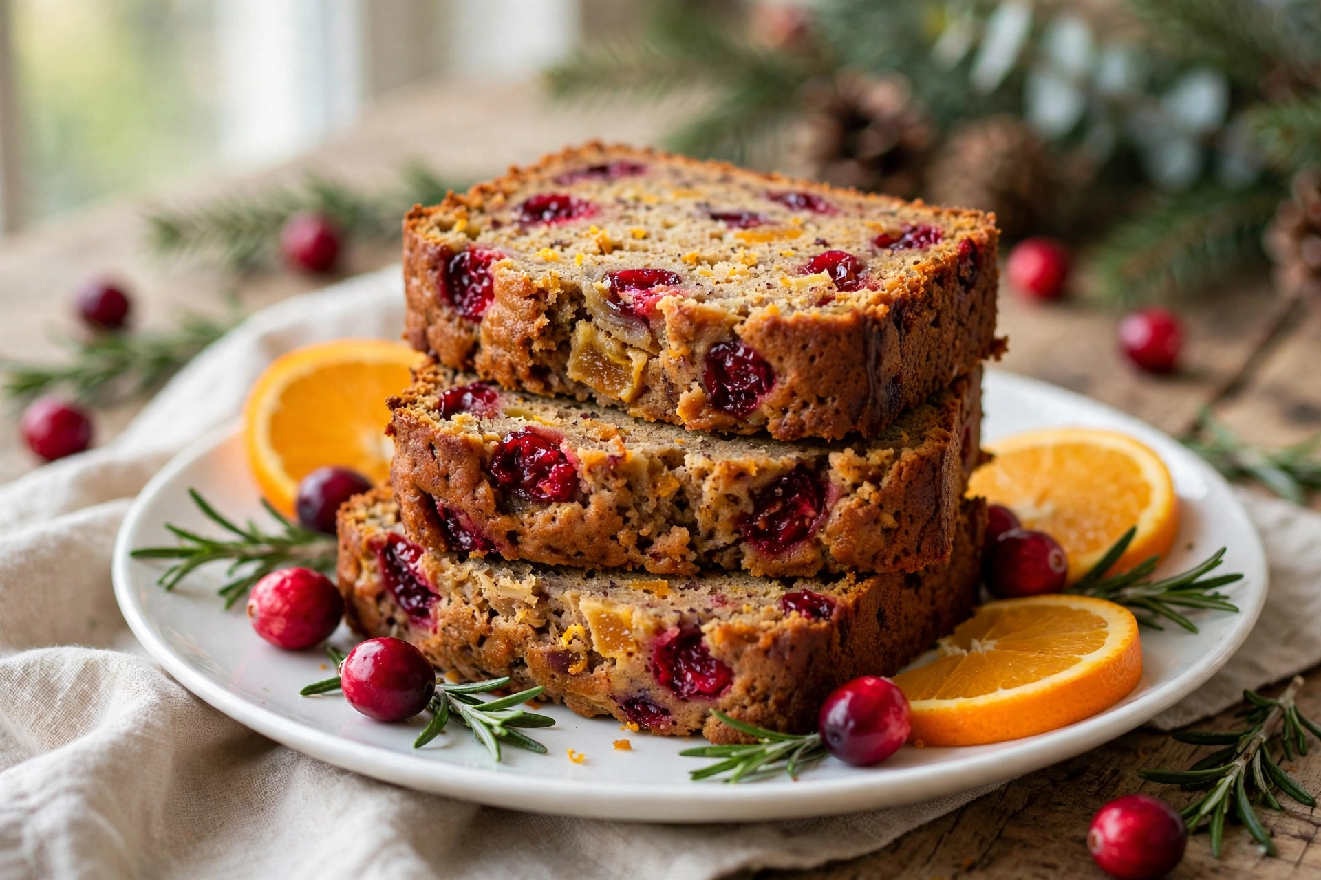 Cranberry orange Christmas banana bread slices on a white plate with fresh cranberries
