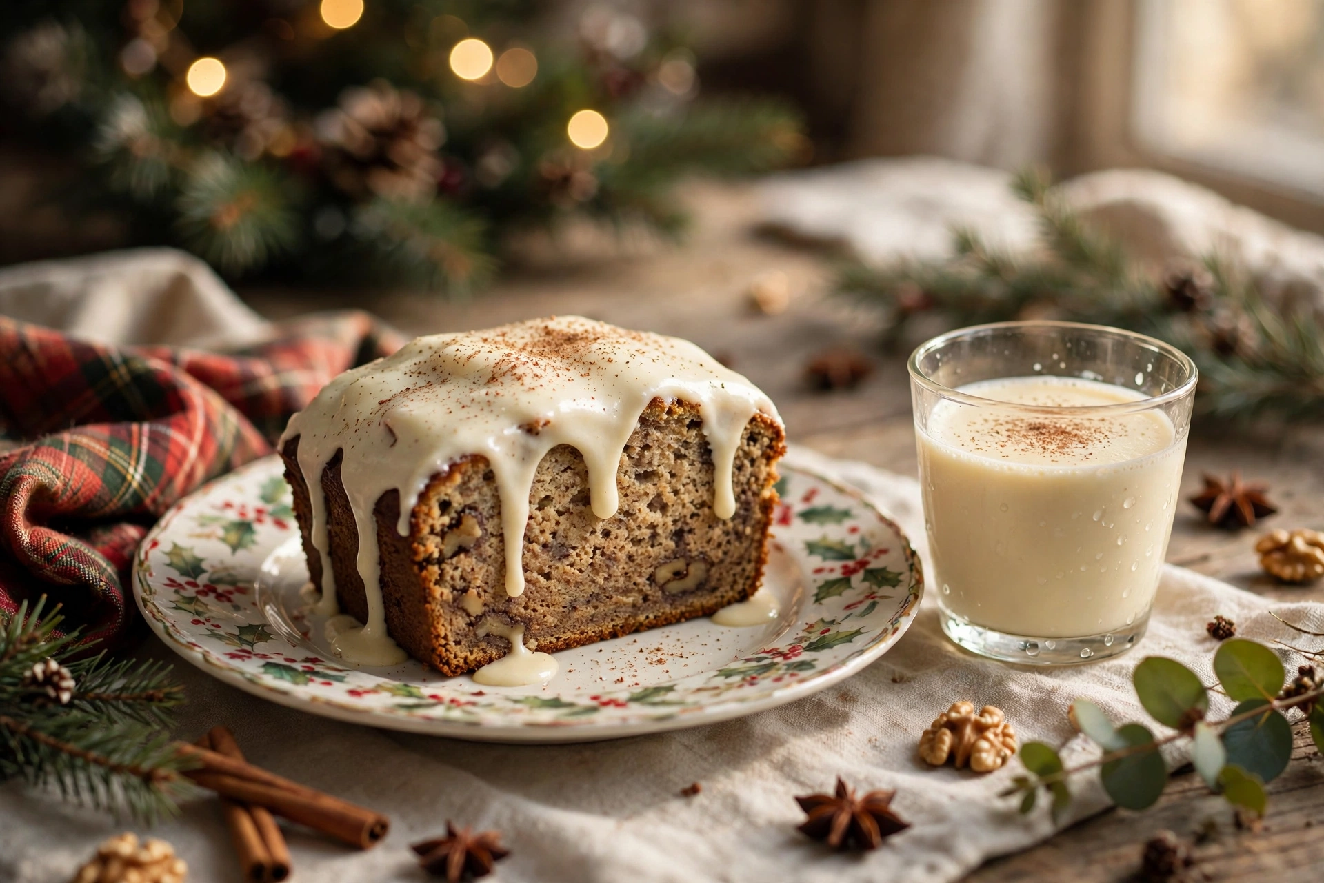 Eggnog Christmas banana bread slice with creamy glaze and nutmeg beside a glass of eggnog