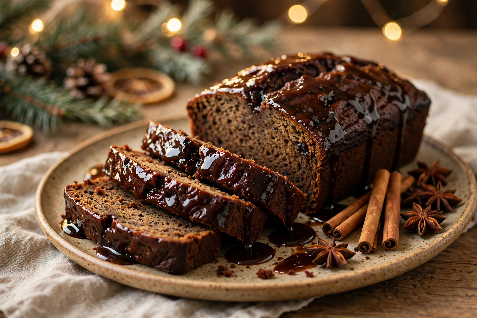 Gingerbread Christmas banana bread slice with cinnamon sticks and star anise