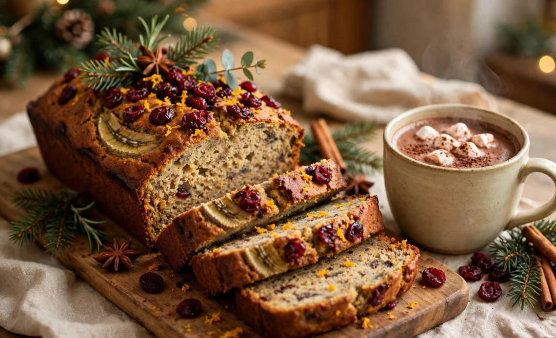 Sliced Christmas banana bread loaf topped with cranberries and orange zest beside a mug of hot chocolate.