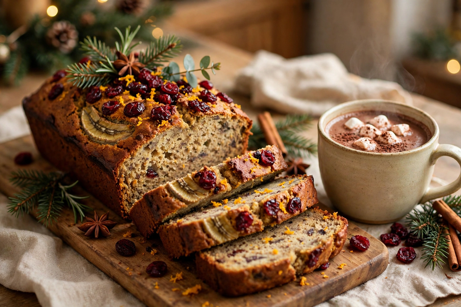 Sliced Christmas banana bread loaf topped with cranberries and orange zest beside a mug of hot chocolate