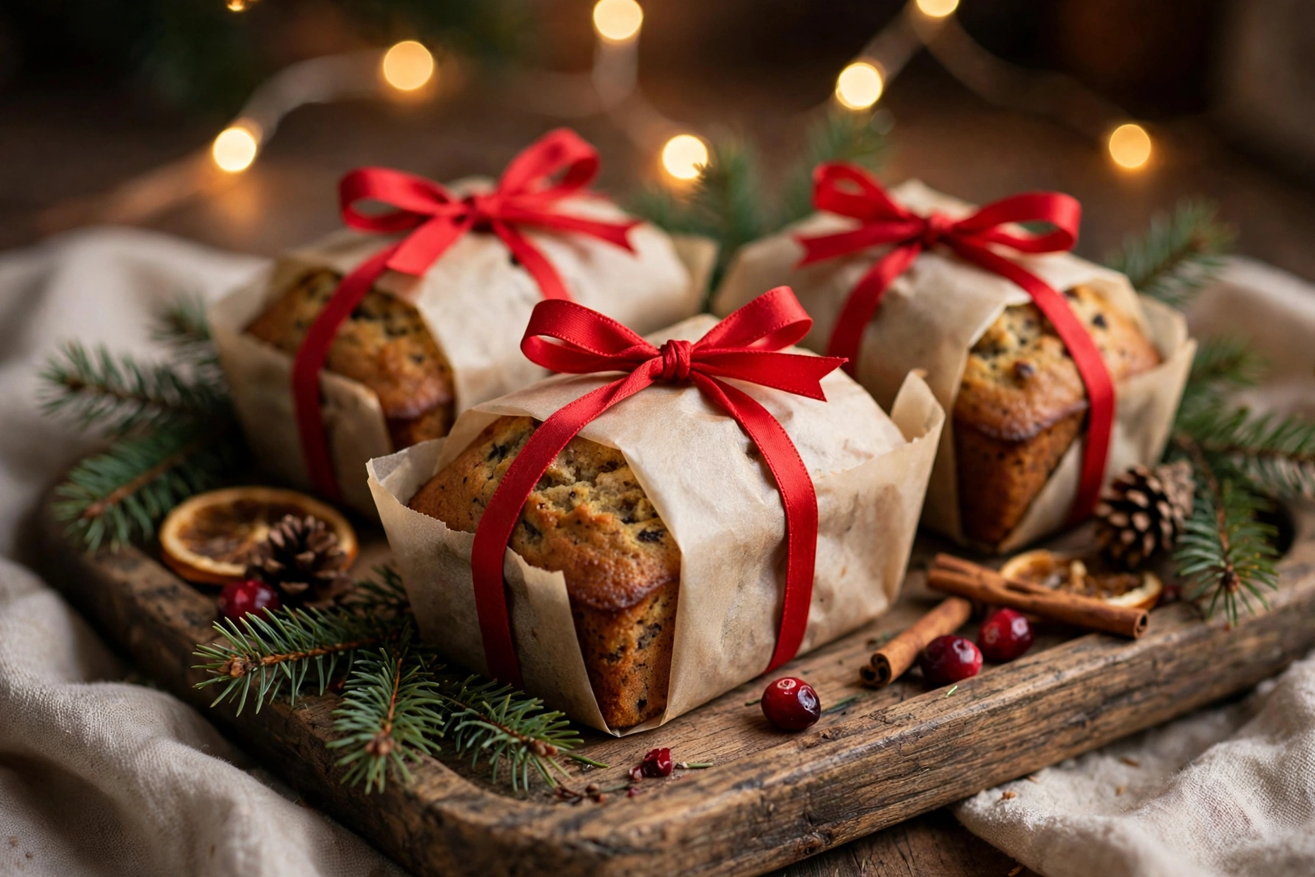 Christmas banana bread mini loaves wrapped in parchment and tied with red ribbon for gifting