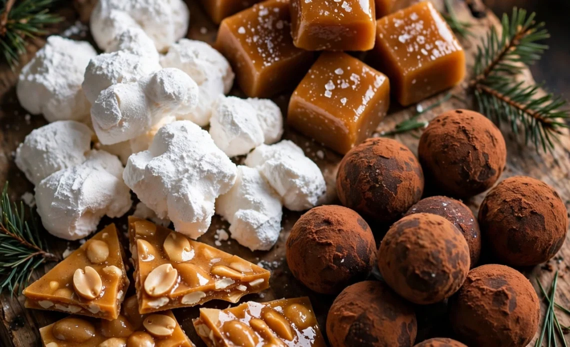 Assorted homemade Christmas candy on a festive holiday tray