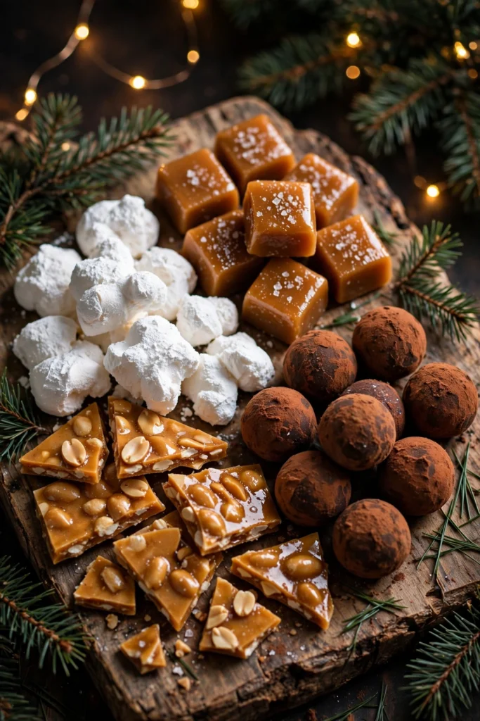 Assorted homemade Christmas candy on a festive holiday tray