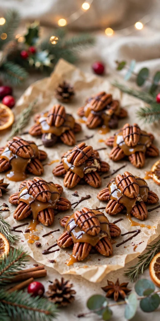 Chocolate turtle candies with pecans and caramel on parchment