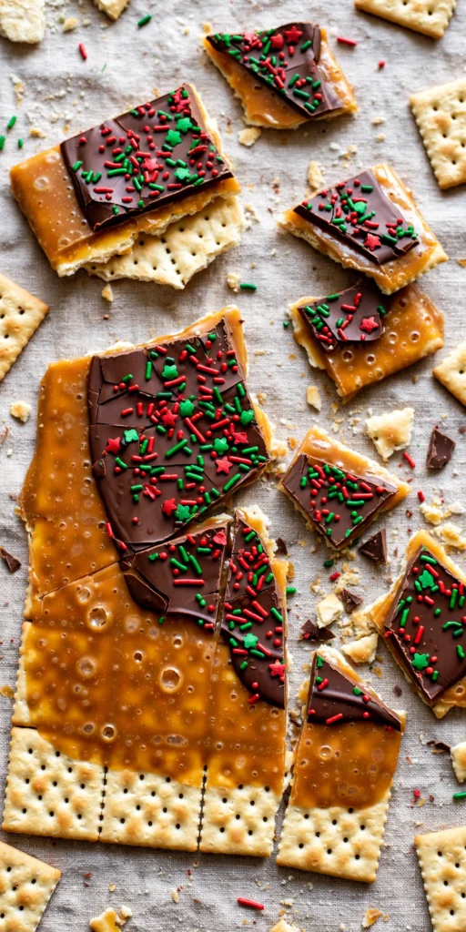 Christmas crack saltine toffee with chocolate and festive sprinkles