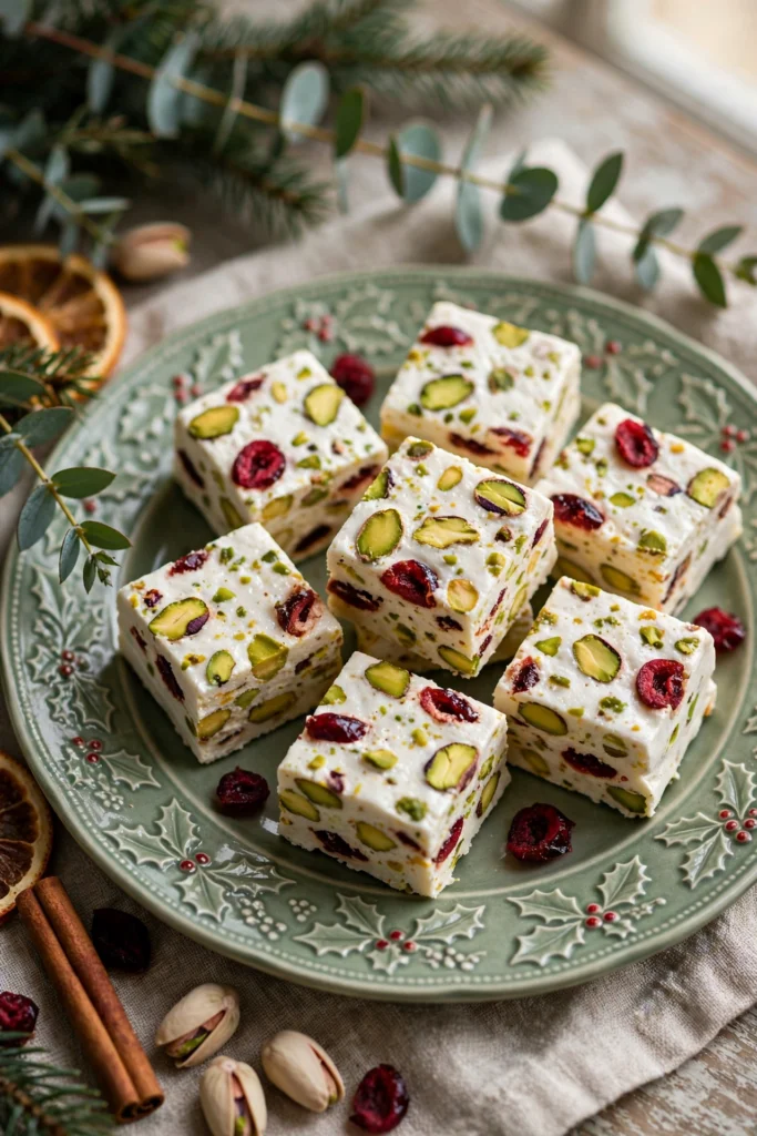 Chewy Christmas nougat studded with pistachios and dried cranberries