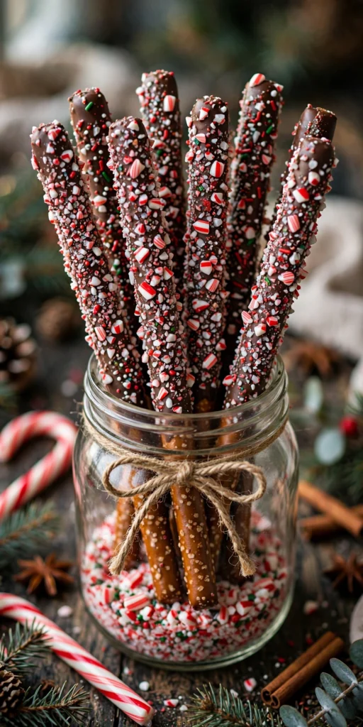 Chocolate-dipped pretzel rods rolled in crushed candy canes
