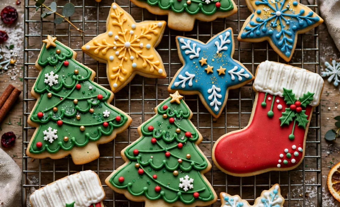 Decorated Christmas sugar cookies with royal icing