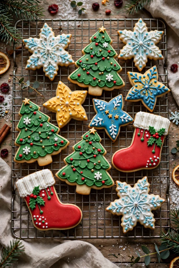 Decorated Christmas sugar cookies with royal icing