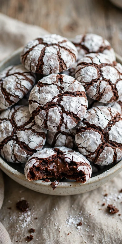 Chocolate crinkle cookies with powdered sugar cracks
