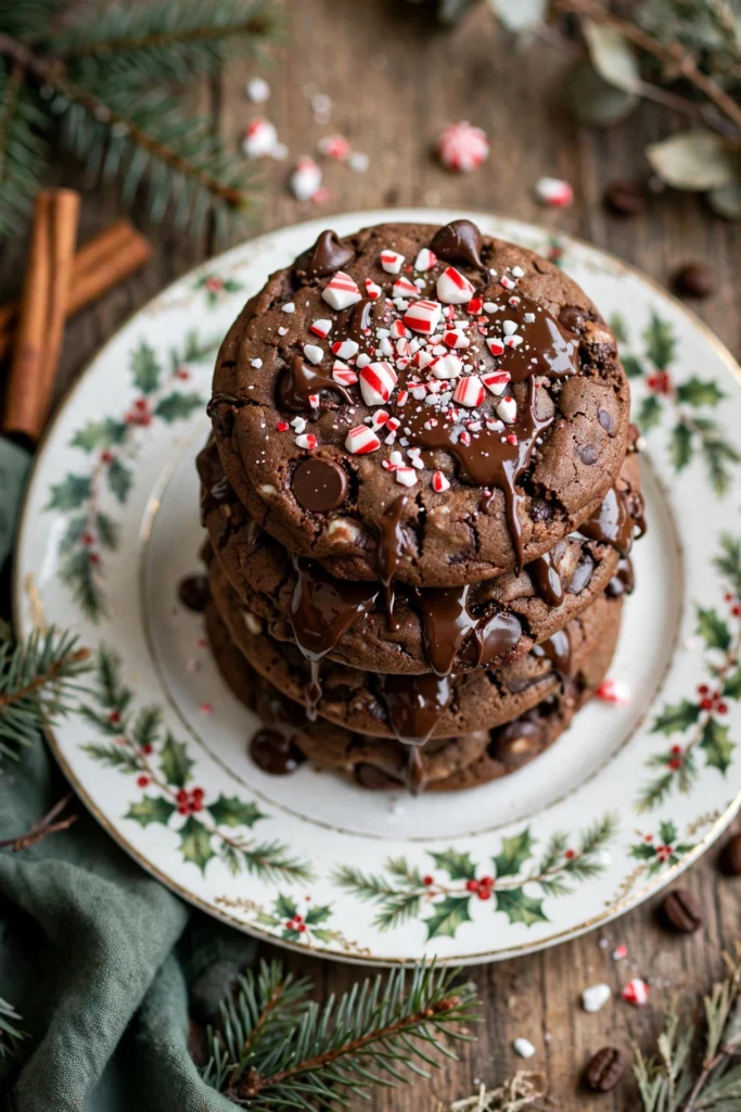 Peppermint mocha cookies topped with crushed candy cane
