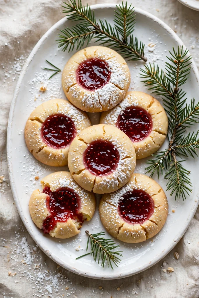 Raspberry thumbprint cookies dusted with powdered sugar