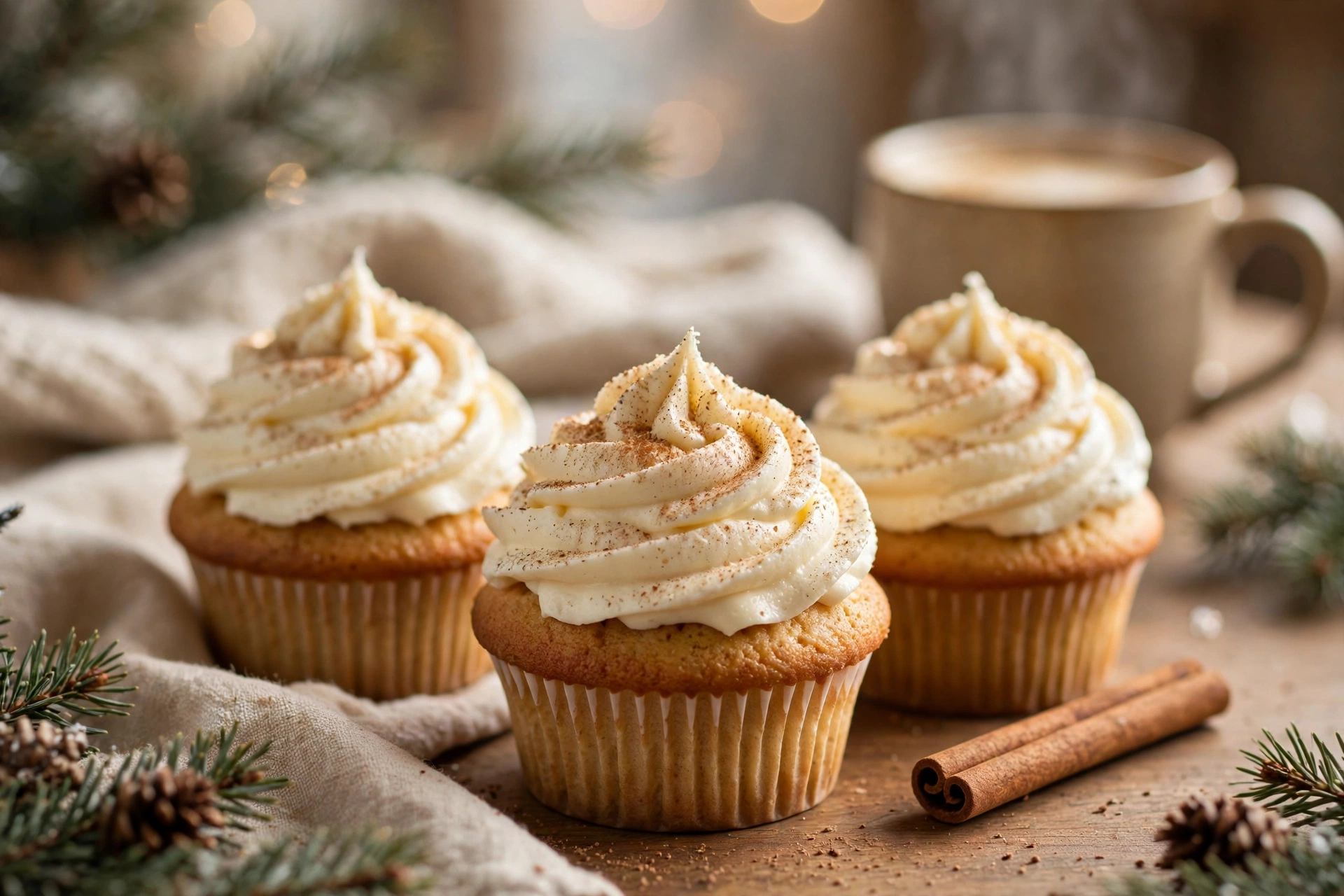 Eggnog Christmas cupcakes with creamy frosting, nutmeg, and cinnamon