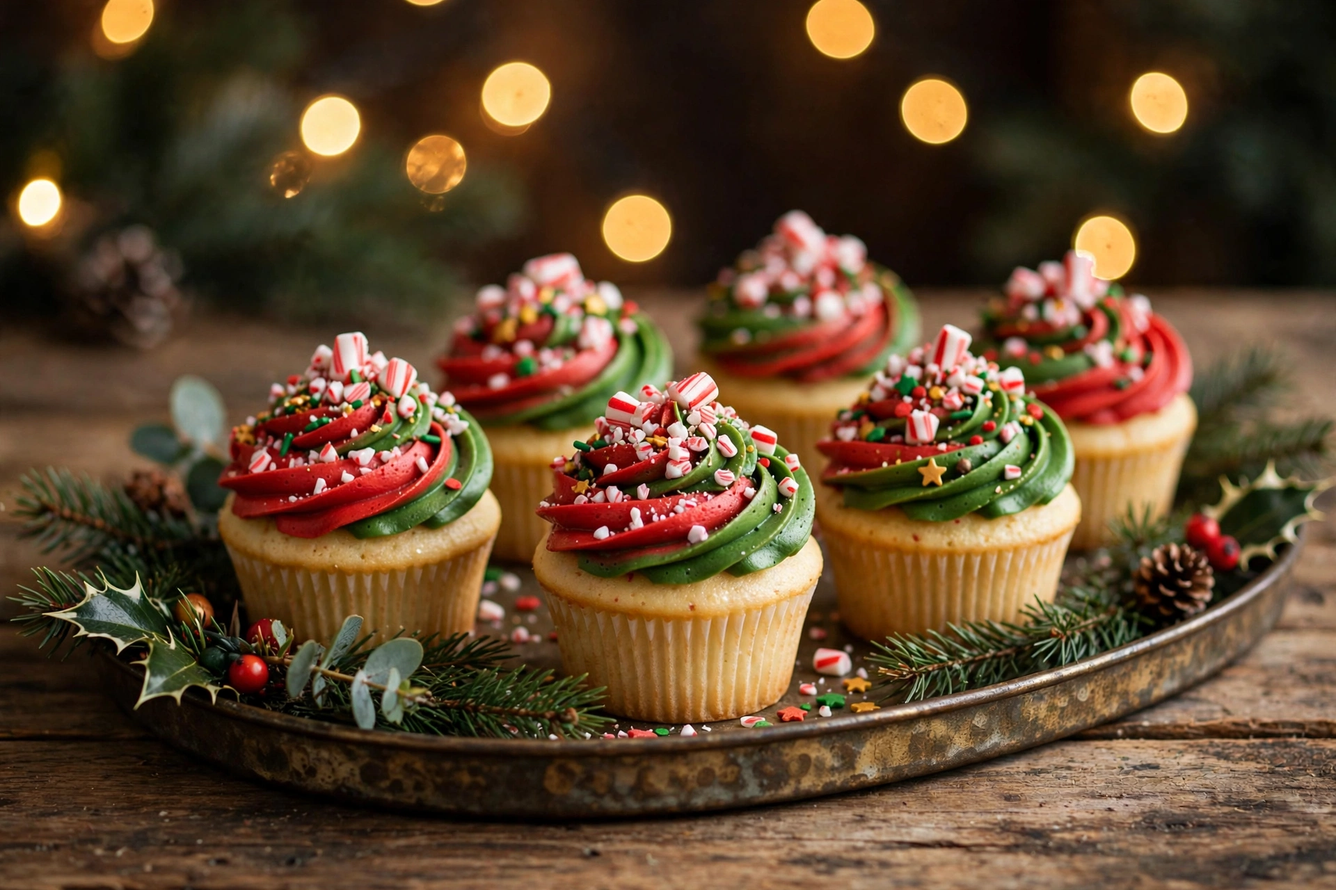 Festive Christmas cupcakes with red and green swirled frosting and crushed candy canes on a holiday tray