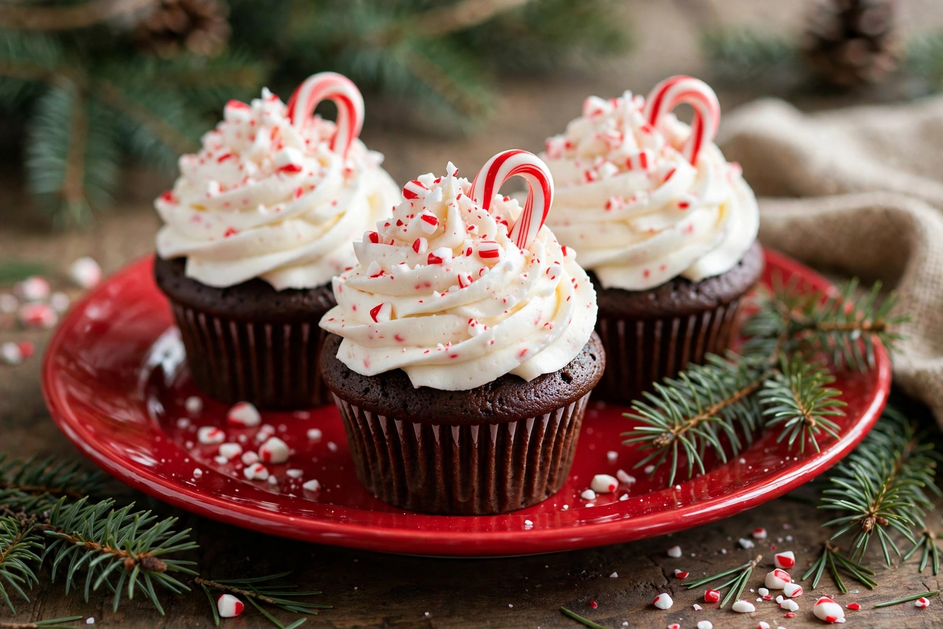 Chocolate Christmas cupcakes with peppermint candy cane swirl frosting and crushed candy canes