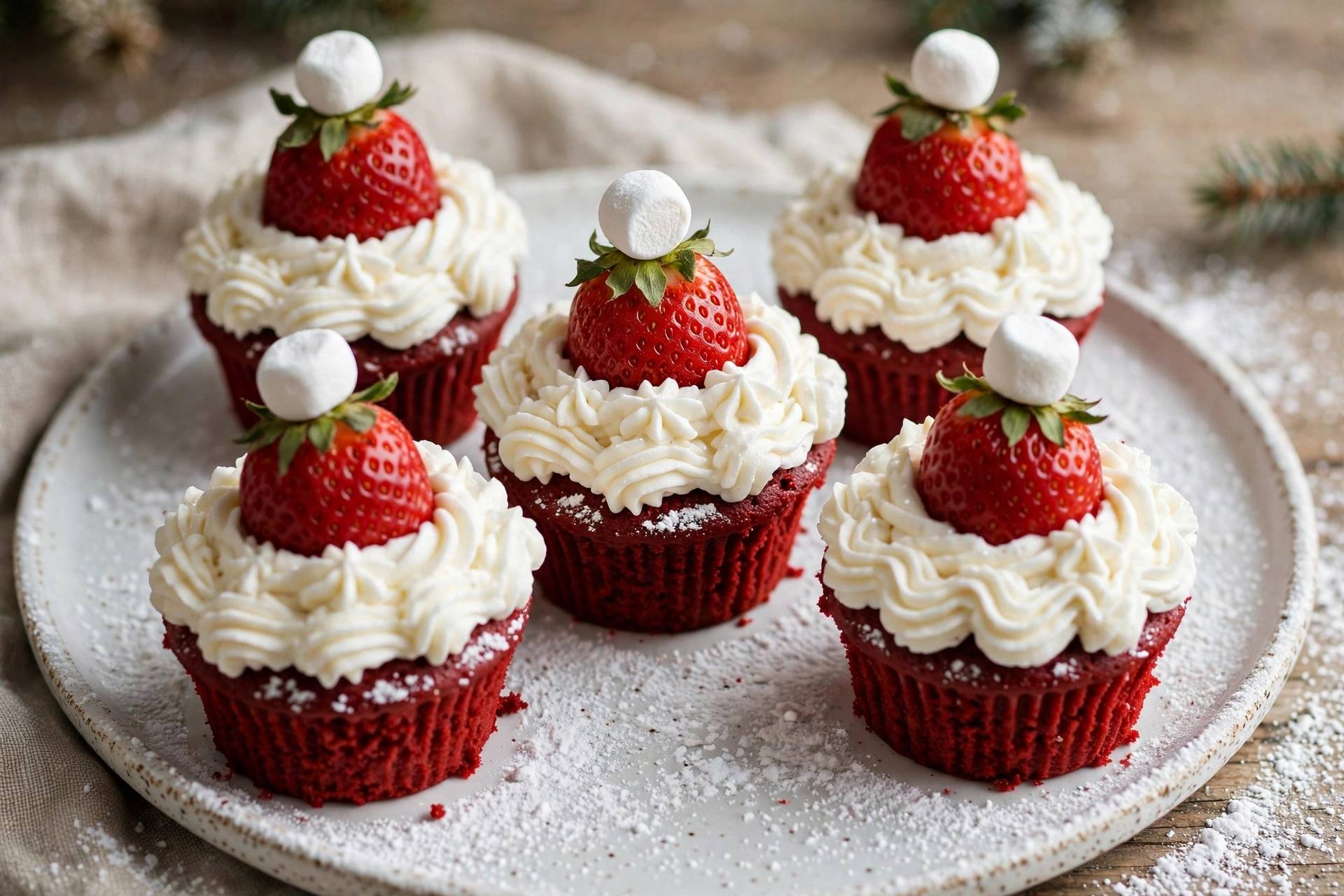 Red velvet Christmas cupcakes topped with Santa hat decorations made from strawberries and marshmallows