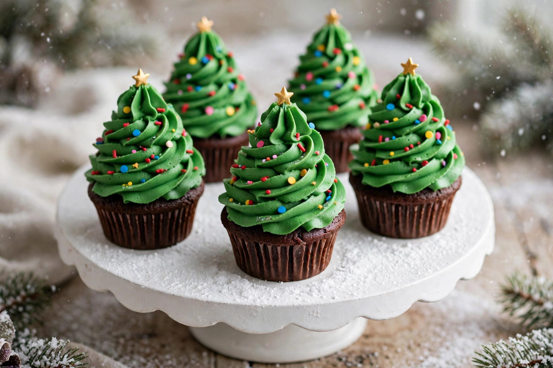 Christmas tree cupcakes with green piped frosting and colorful sprinkle ornaments