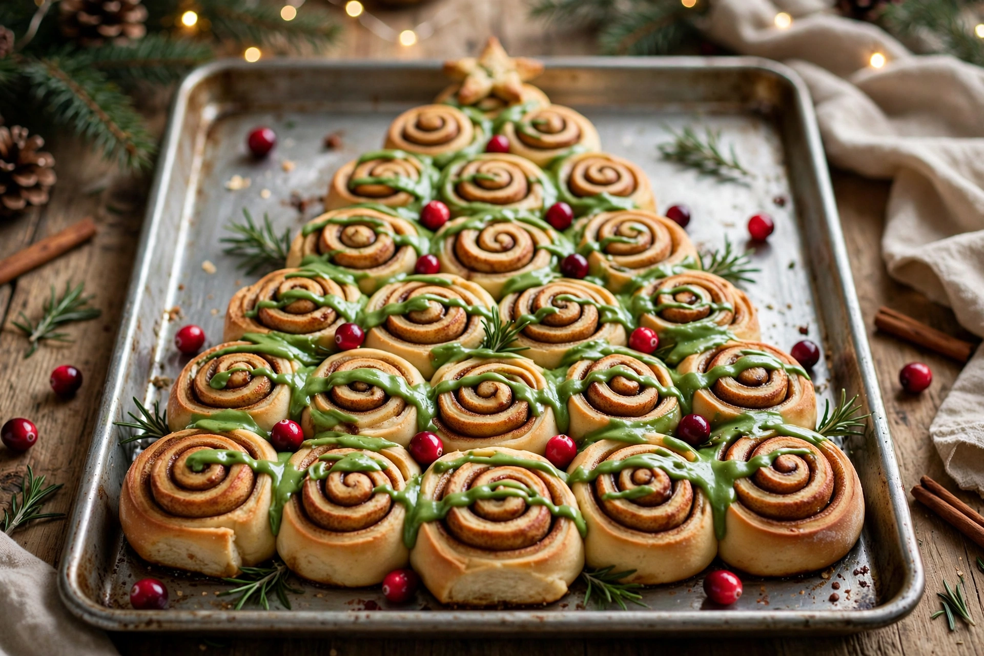 Christmas tree-shaped pull-apart Christmas cinnamon rolls with festive cranberry ornaments.