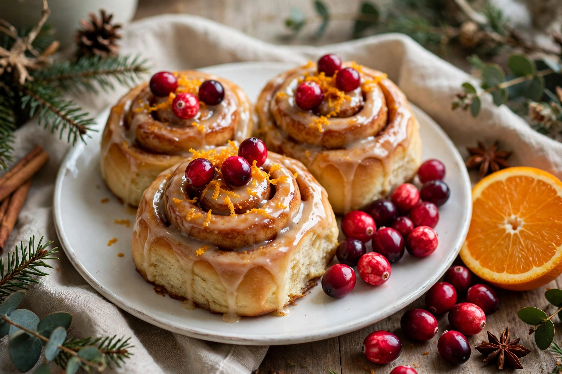 Cranberry orange Christmas cinnamon rolls with fresh cranberries and orange zest.