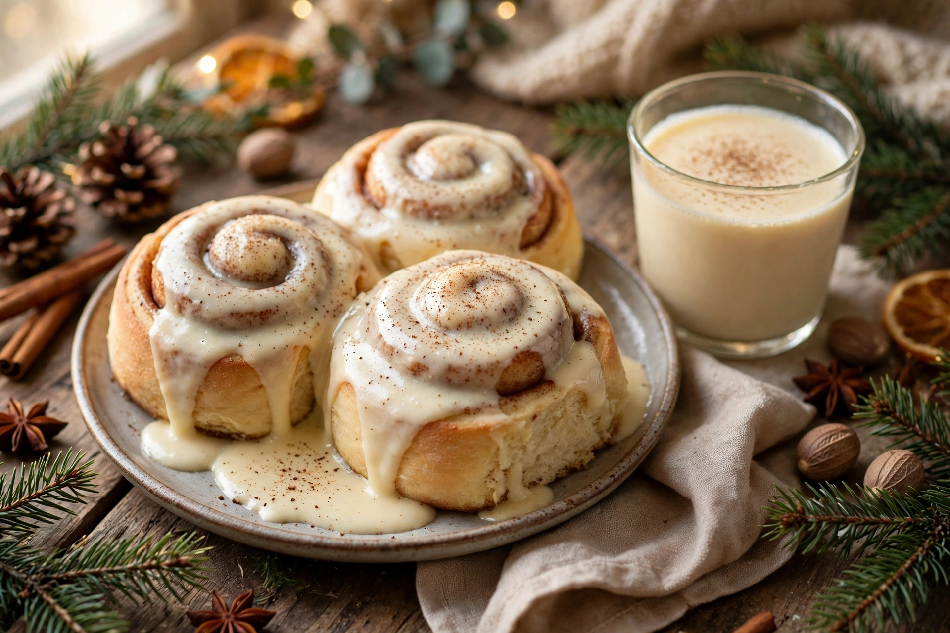 Eggnog Christmas cinnamon rolls with creamy glaze and nutmeg beside a glass of eggnog.
