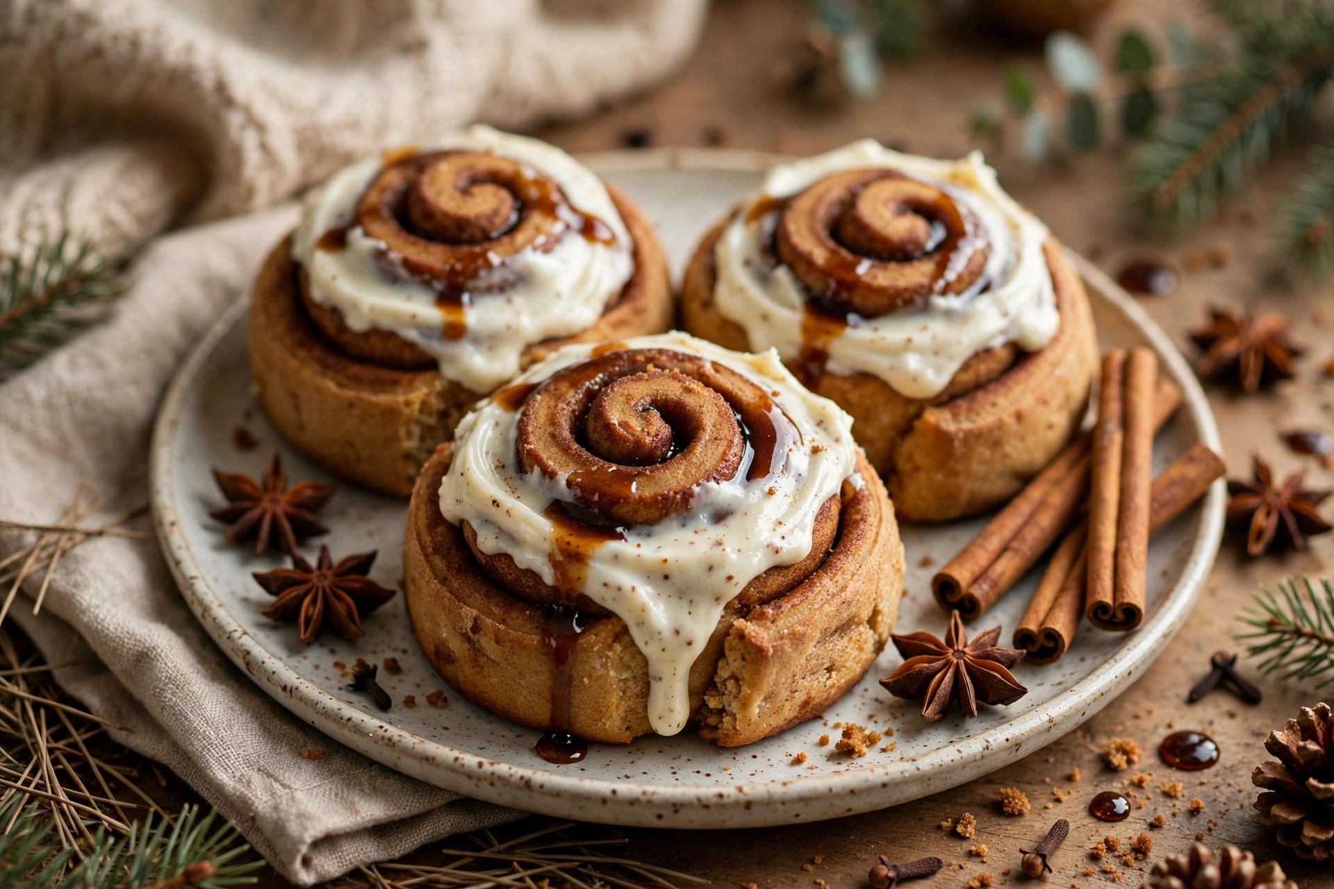 Gingerbread Christmas cinnamon rolls with cinnamon sticks and star anise.