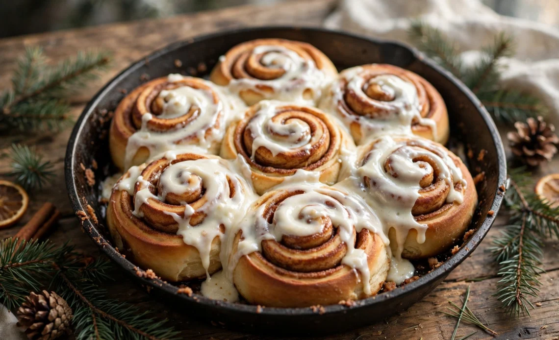 Classic Christmas cinnamon rolls with cream cheese frosting in a baking pan.