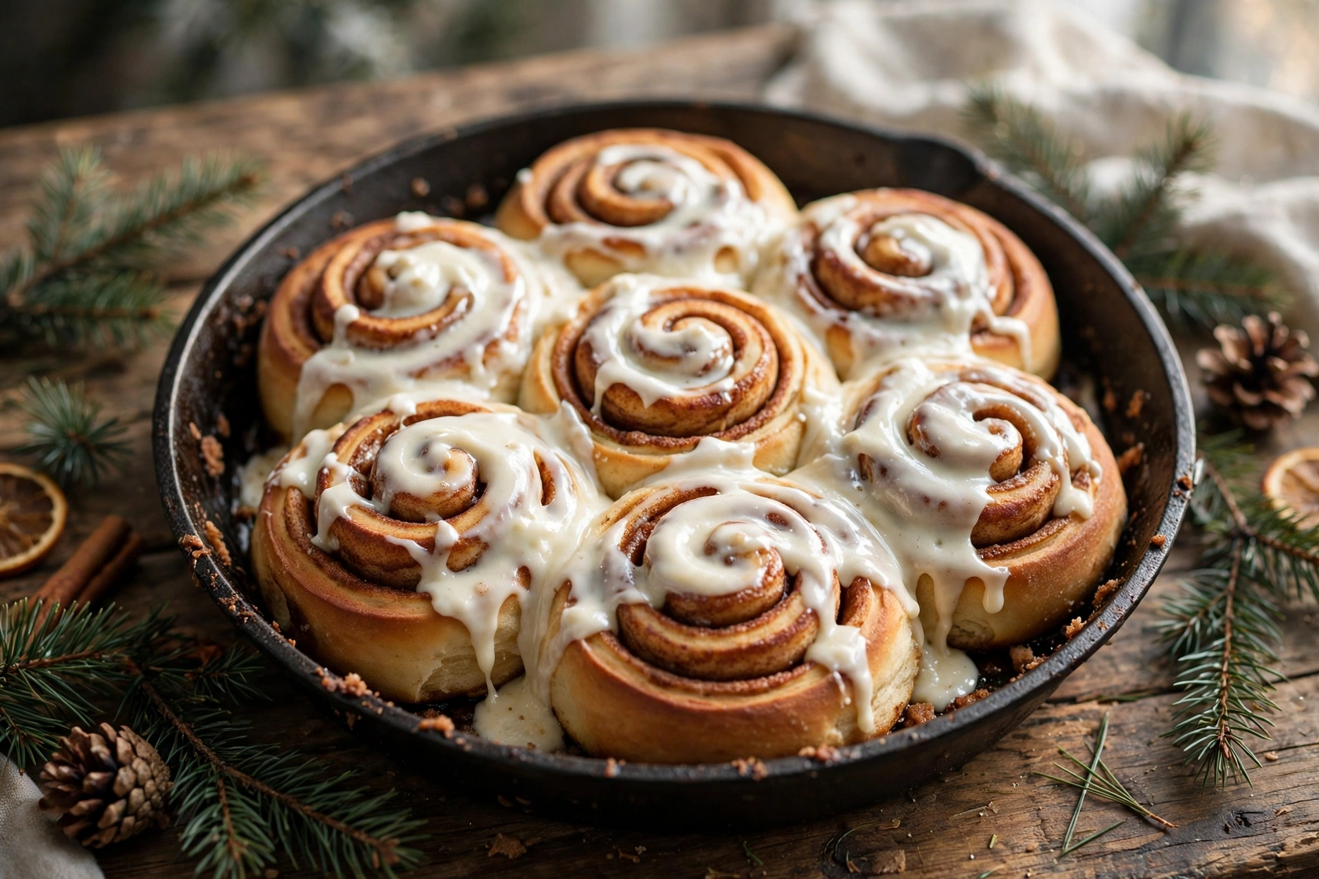 Classic Christmas cinnamon rolls with cream cheese frosting in a baking pan.