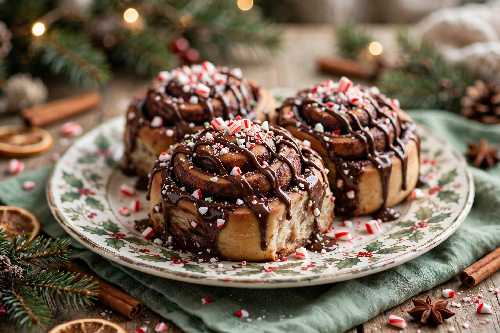 Chocolate peppermint Christmas cinnamon rolls with chocolate drizzle and crushed candy canes.